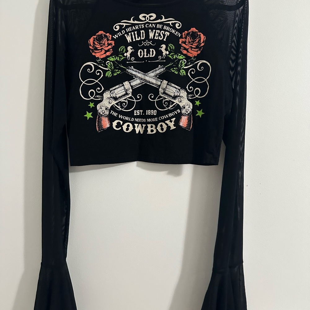 Black Long Sleeve Cowboy Graphic Top